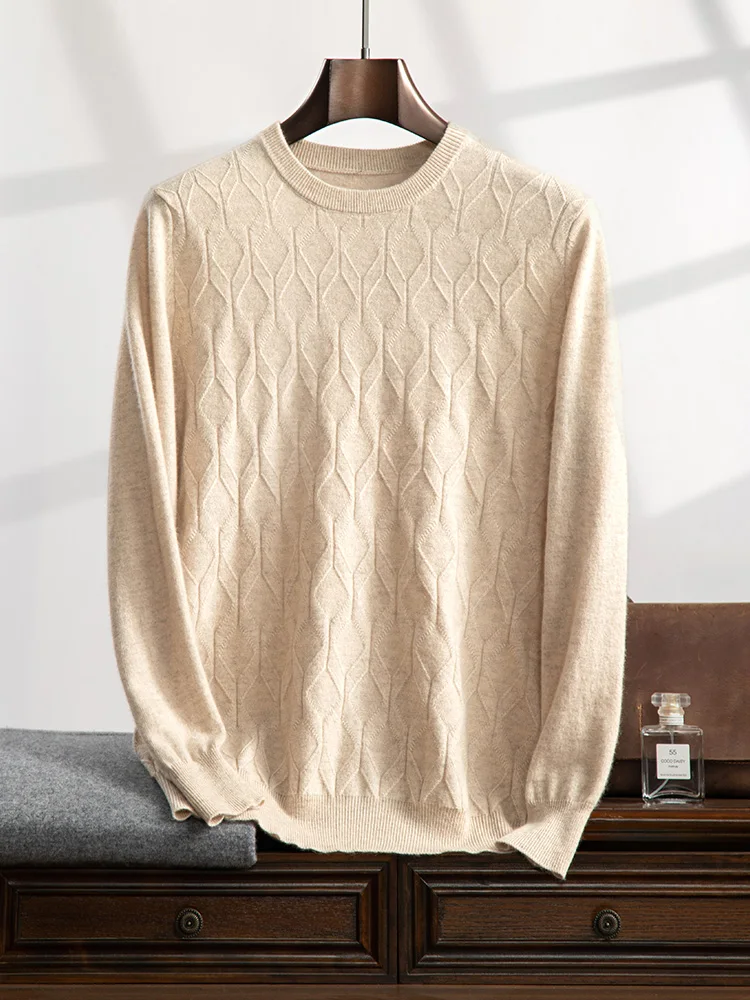 

100% Pure Cashmere Sweater Men's O-Neck Jacquard Knit Pullover Business Casual High-End Large-Size Sweater Autumn Clothing Thick