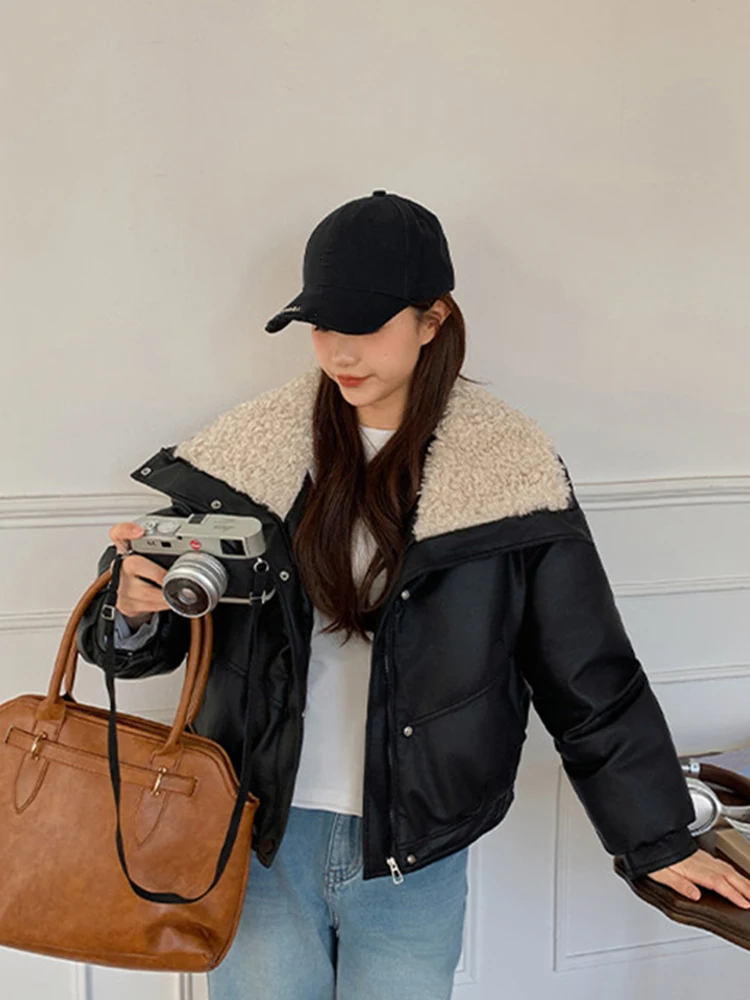 2026 Winter New Thick PU Leather Coat Women Cropped Fluffy Lapel Collar Padded Jacket Female Zip-up Streetwear Cool PU Parkas