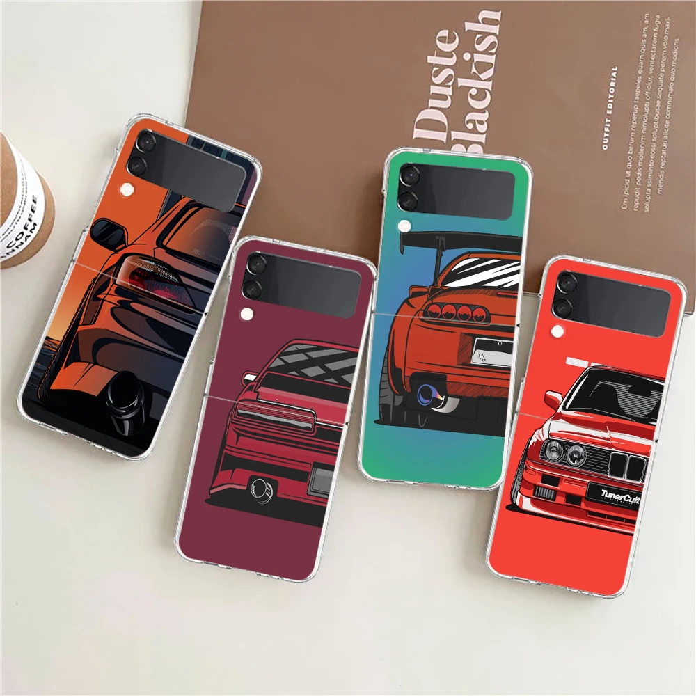 Transparent Phone Case For Samsung Galaxy Z Flip 3 4 5 6 7 Hard Folding PC Z Flip3 Flip4 Cover Japan JDM Sports Cars Comic