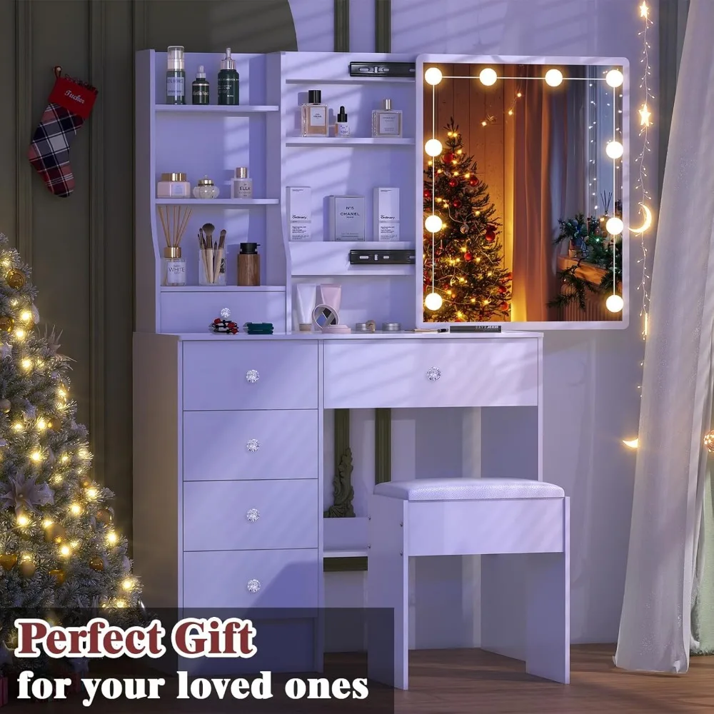 مكتب زينة للمكياج بمرآة مضيئة مع كرسي وأدراج تخزين #4
