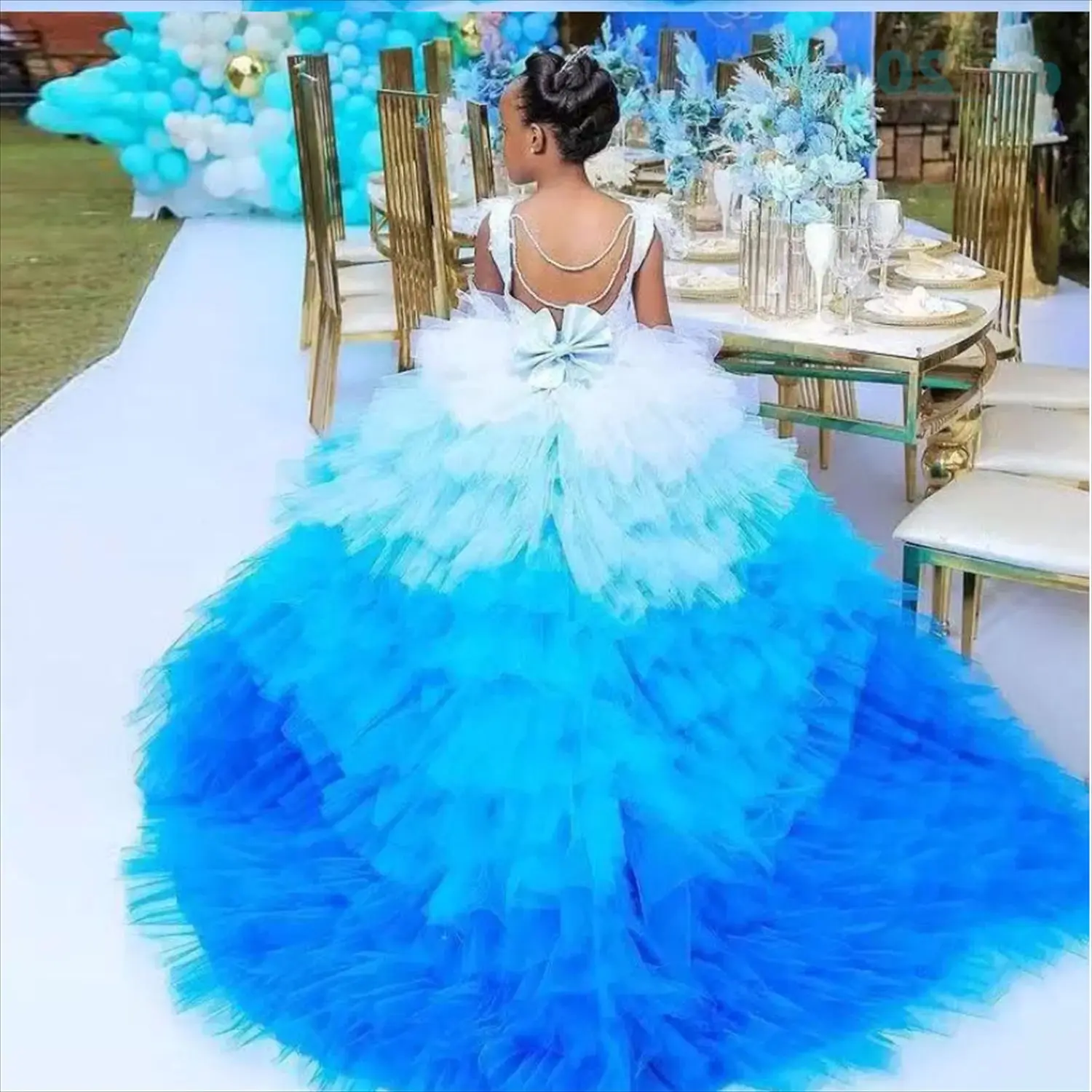 

White And Blue Coloful Tier Flower Girls Dresses Puffy Tulle Ruffles Skirt Kids Birthday Party Ball Gowns Feather Child Pageant