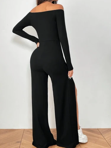 Imagen 2 del producto Conjunto de pantalones largos elegantes para mujer, ropa de oficina de Color sólido, pantalones de pierna ancha de cintura alta con abertura lateral de manga larga, 2 uds.