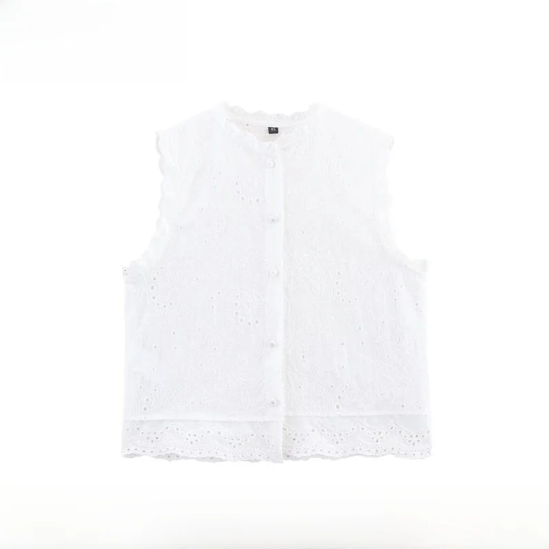 

Fashionable Women's Embroidered Hollow out Top Spring Summer New Arrival Versatile Stylish T-Shirt Polyester Sleeveless round...