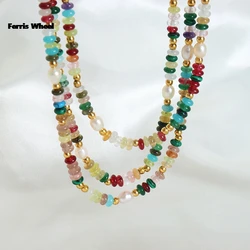 Freshwater Pearl Necklace Colorful Natural Stones Beaded Women's Stainless Steel Two Pieces Set Charm Jewelry