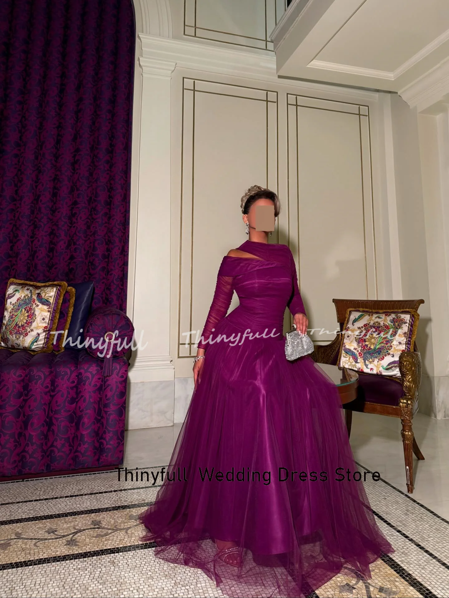 Thinyfull A라인 아랍 튤 프롬 드레스 긴 소매 이브닝 파티 드레스 두바이 공식 행사 가운 로브 드 소와레 맞춤 제작