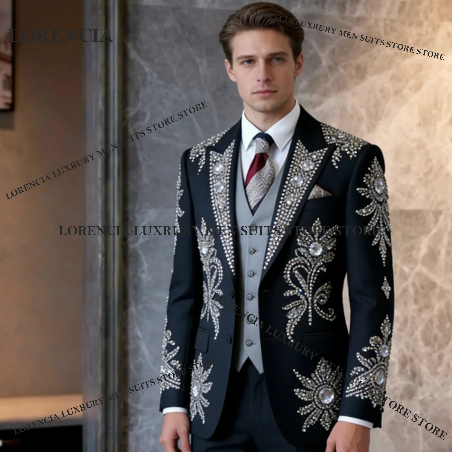 

Customized Fashion Crystal Men Suit Glitter Diamond Paillette Wedding Tuxedos Slim Ropa hombre 3 Pieces Sets Groom Male Blazer