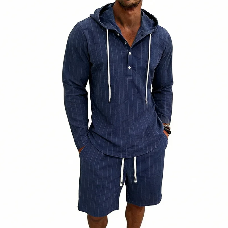 

American summer loose linen suit, jacquard vertical stripe casual commuter long-sleeved Henry hooded shorts suit