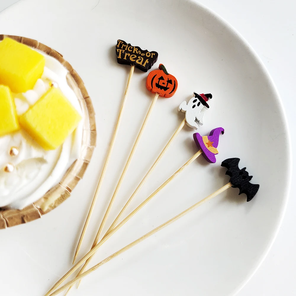 100 Stück Halloween Einweg-Bambusspieße Kürbis-Obstgabel Buffet Dessert Cocktail-Sticks Weihnachts-Schneedeckoration 2026 – Detail 10