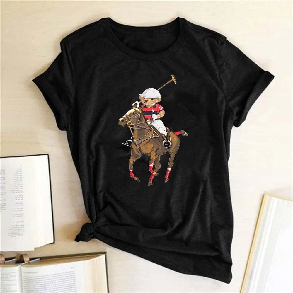 Seeyoushy Bear Riding Polo Print Summer Casual Fashion Women\'s Shirt Harajuku Women\'s Short Sleeve Crewneck Top Vegan T Shirt