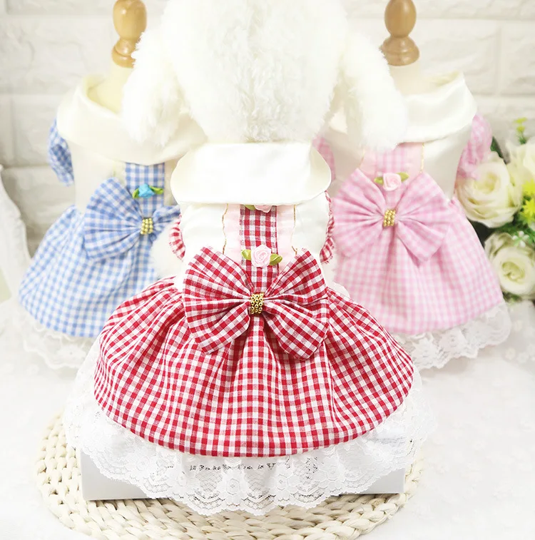 

Dog Cute Bow Flower Plaid Dress Summer Cat Princess Dresses Chihuahua Yorkie Sweet Skirts Puppy Clothes Pet Costume