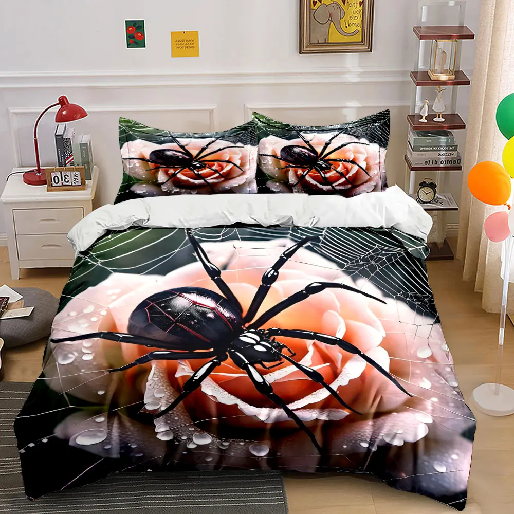 Black widow on rose and web Pattern Duvet Cover Set Digital Print Colorful Polyester Bedding with Zipper Closur for kids gifts