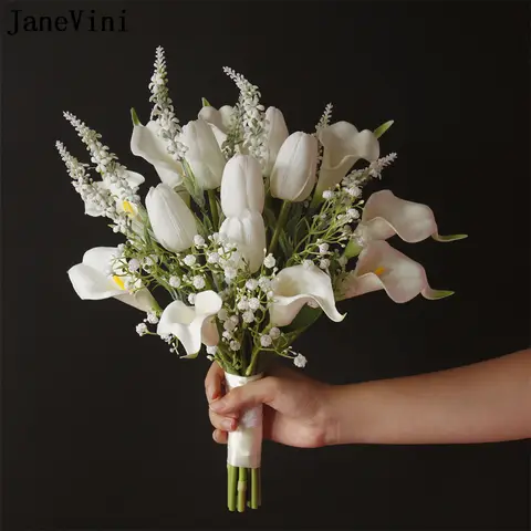 JaneVini 화이트 튤립 칼라 릴리 웨딩 부케, 인공 신부 들고 꽃, 신부 액세서리, 부토니에 핀 브로치 2023