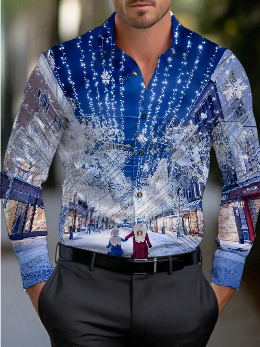 2025 New Year Christmas Men's Shirt Large Size Fashion Comfortable Casual Santa Claus Printed Men's Holiday Tops