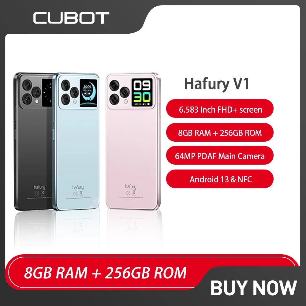 

Cubot Hafury V1 Smartphone Android 13 16GB RAM(8GB+8GB) 256GB ROM Mobile Phone 6.583" FHD+ Dual Screen 64MP Camera Cellphone NFC