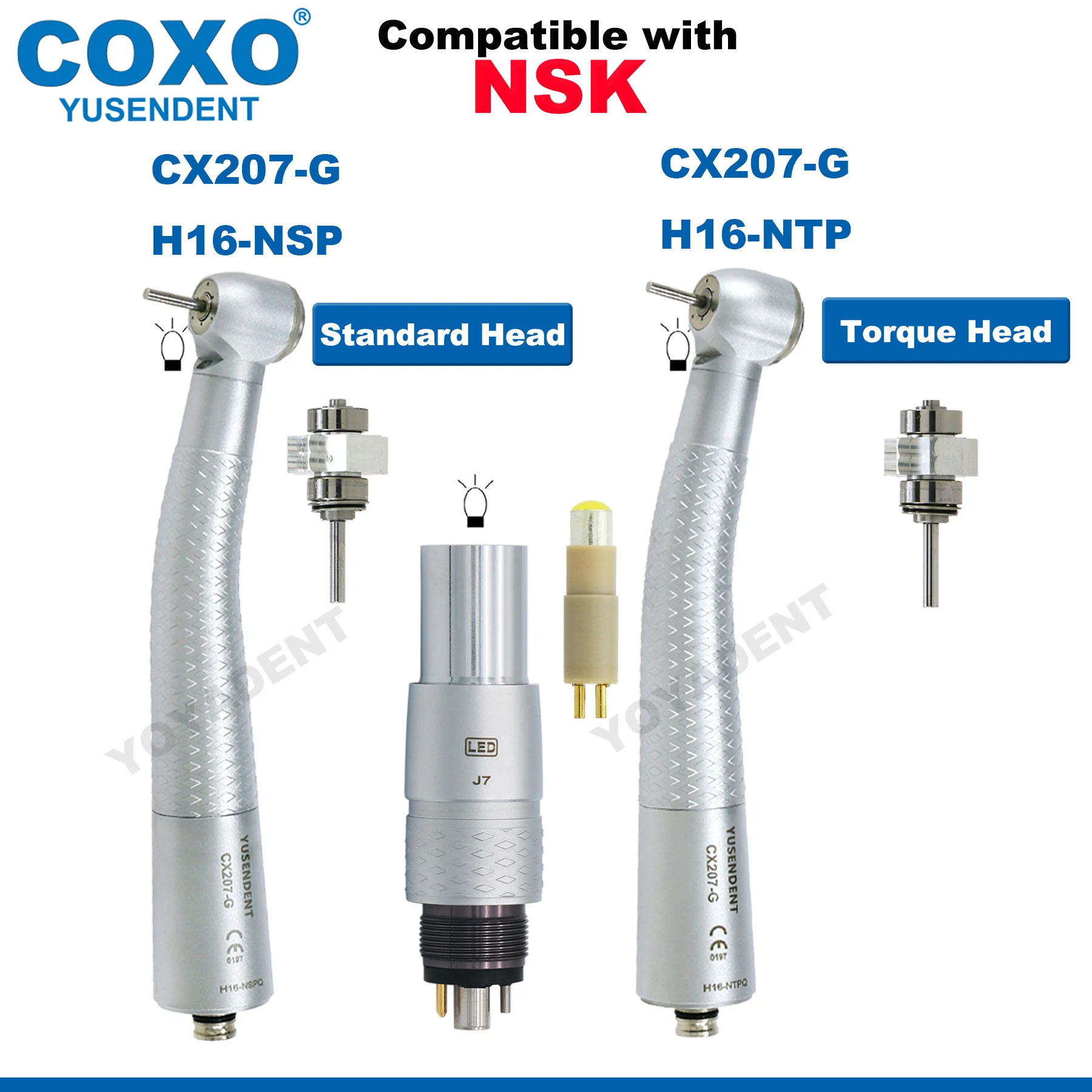 

COXO Dental Turbines Fiber Optic High Speed Handpiece Air Rotor Standard/Torque Head LED Coupler 6 Pin Fit NSK CX207-G H16