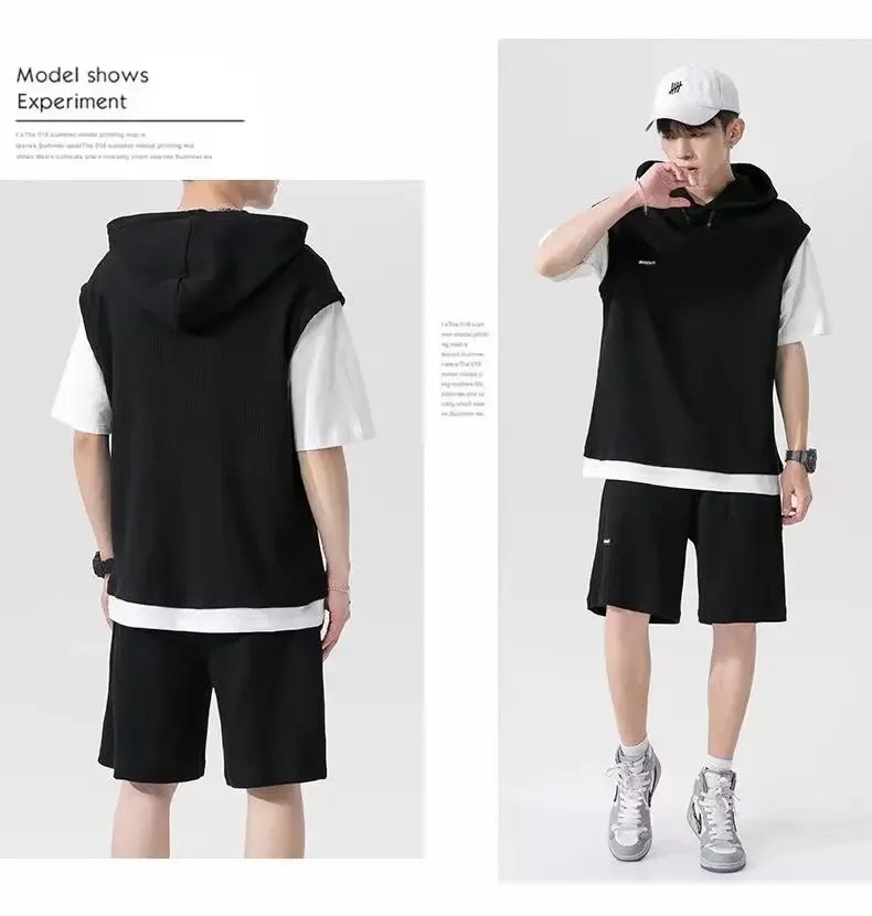 Men's Fake Two-Piece Sports Set: Quick-Dry Hooded T-Shirt with Shorts, Two-Piece Design, Stylish Casual Sporty Summer Apparel