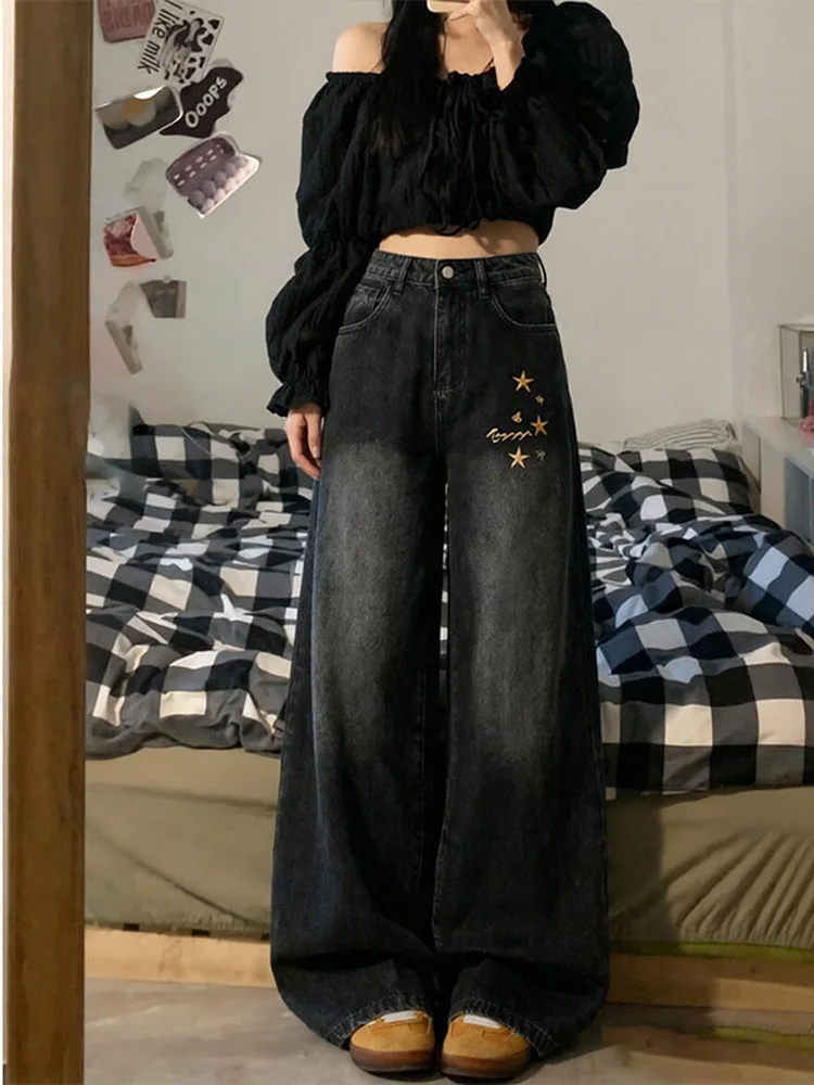 Black Embroidered Wide Leg Jeans Women's Spring Autumn New Large Size Loose Slimming Pear Shape Straight Leg Pants