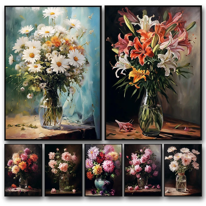 Fleur vintage dans un vase, camélia, fleur de cerisier, peinture diamantée, nature morte florale, affiche imprimée, art mural, décoration intérieure