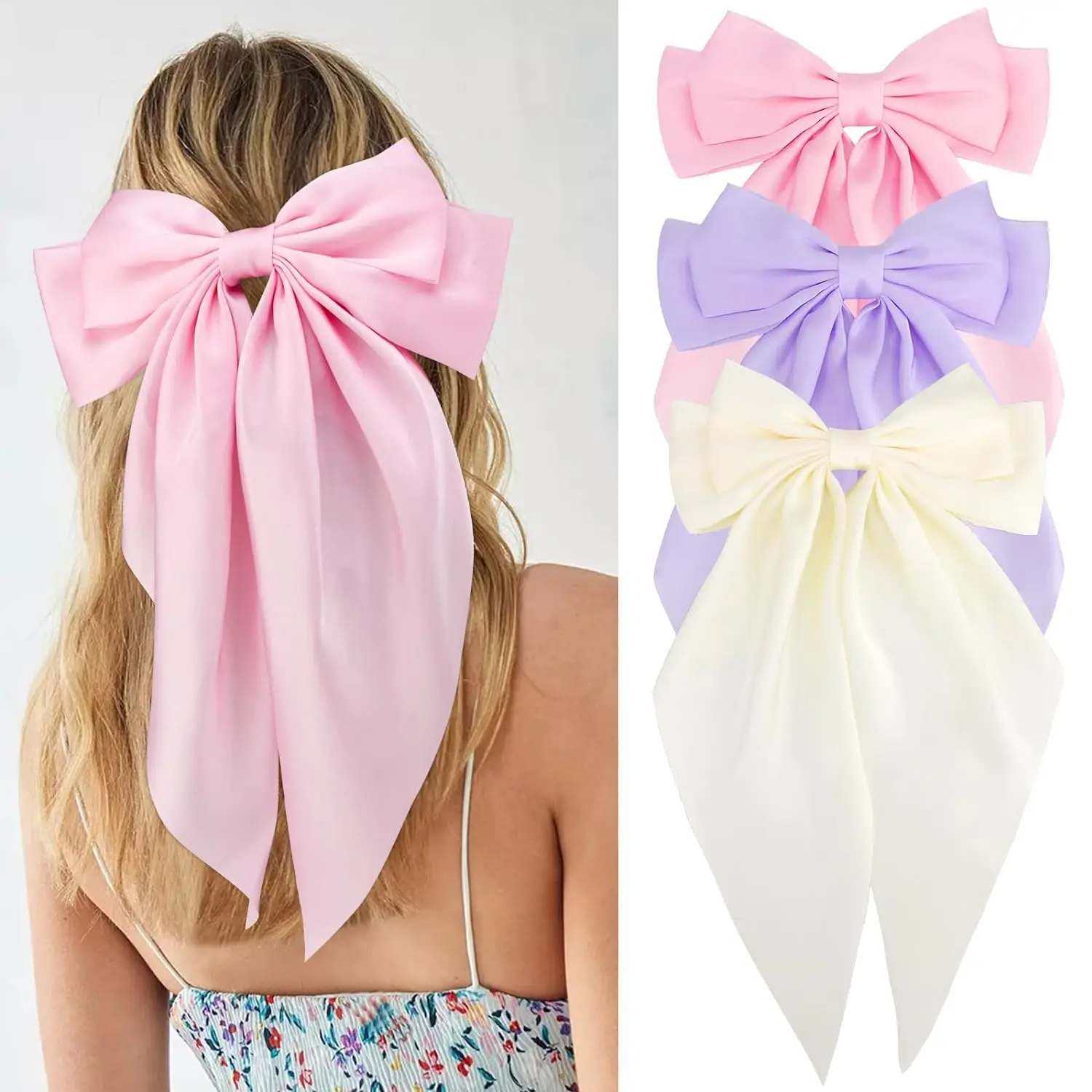 3Pcs Chiffon Bow Hair Clip Women Large Bowknot Satin Hairpin Barrettes Girls Solid Color Ponytail Clip Hair Accessories Headwear