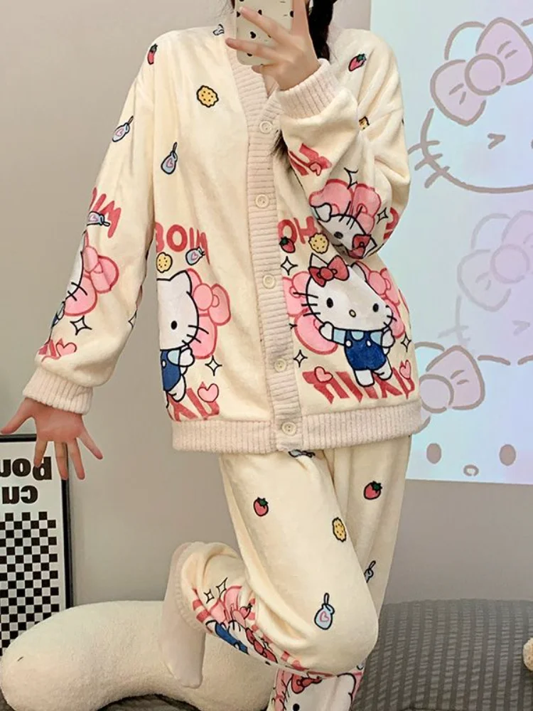 Kawaii ملابس المنزل 2 قطعة مرحبا كيتي محبوك منامة الشتاء فضفاض كسول نمط الصوف موضة تنوعا نصف طول كم مجموعة