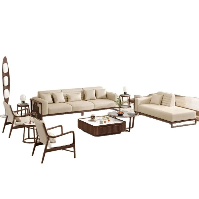 

New Chinese style, solid wood, sofa, combination, modern, living room, villa