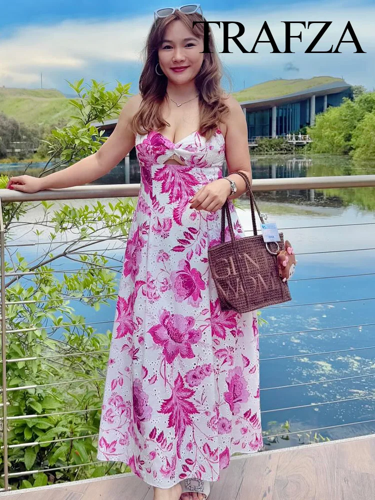 

TRAFZA Women's Summer New Fashion V Neck Hollow Embroidered Print Sleeveless Dress Female Elegant Backless Sexy Slim Long Dress