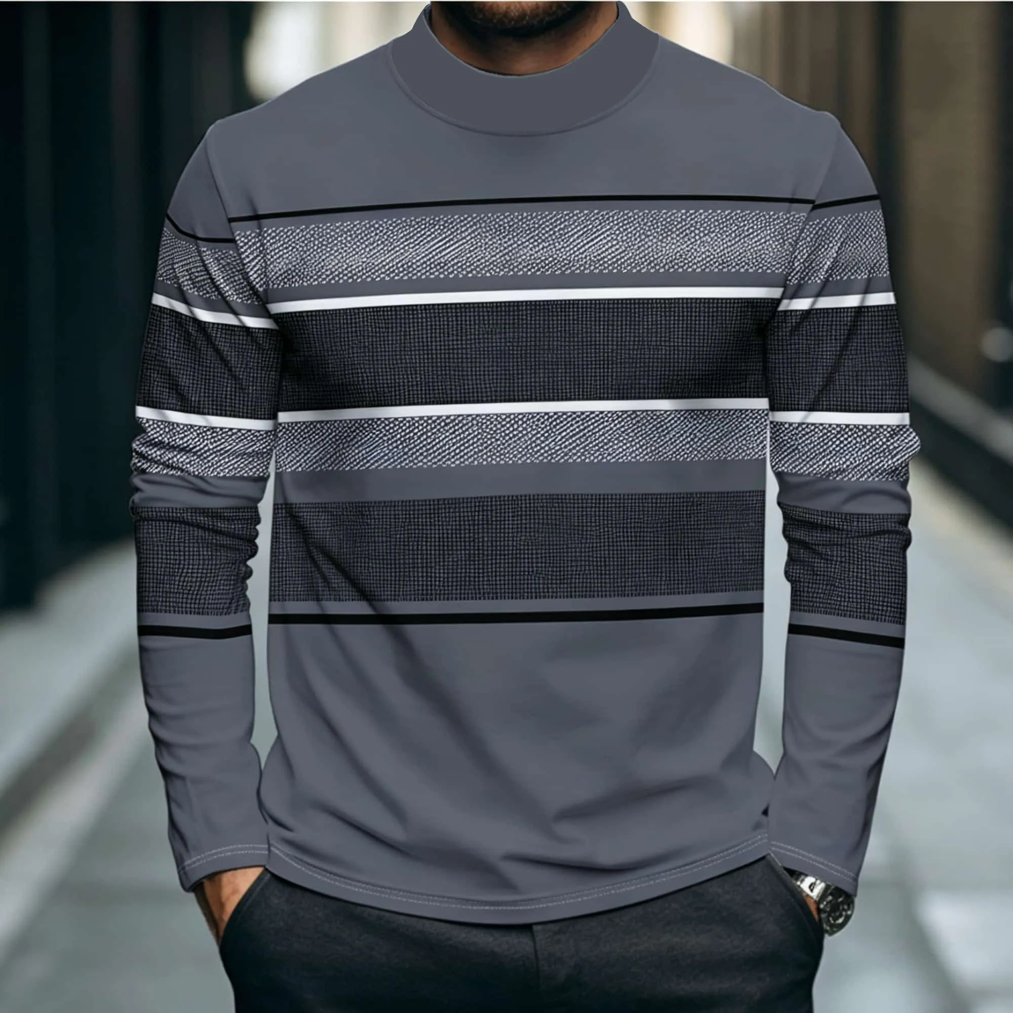 Minimalist Textured Stripe Men Mock Neck Pullover Long Sleeve Tee Contrast Grey Black Striped Pattern Smart Casual Tops