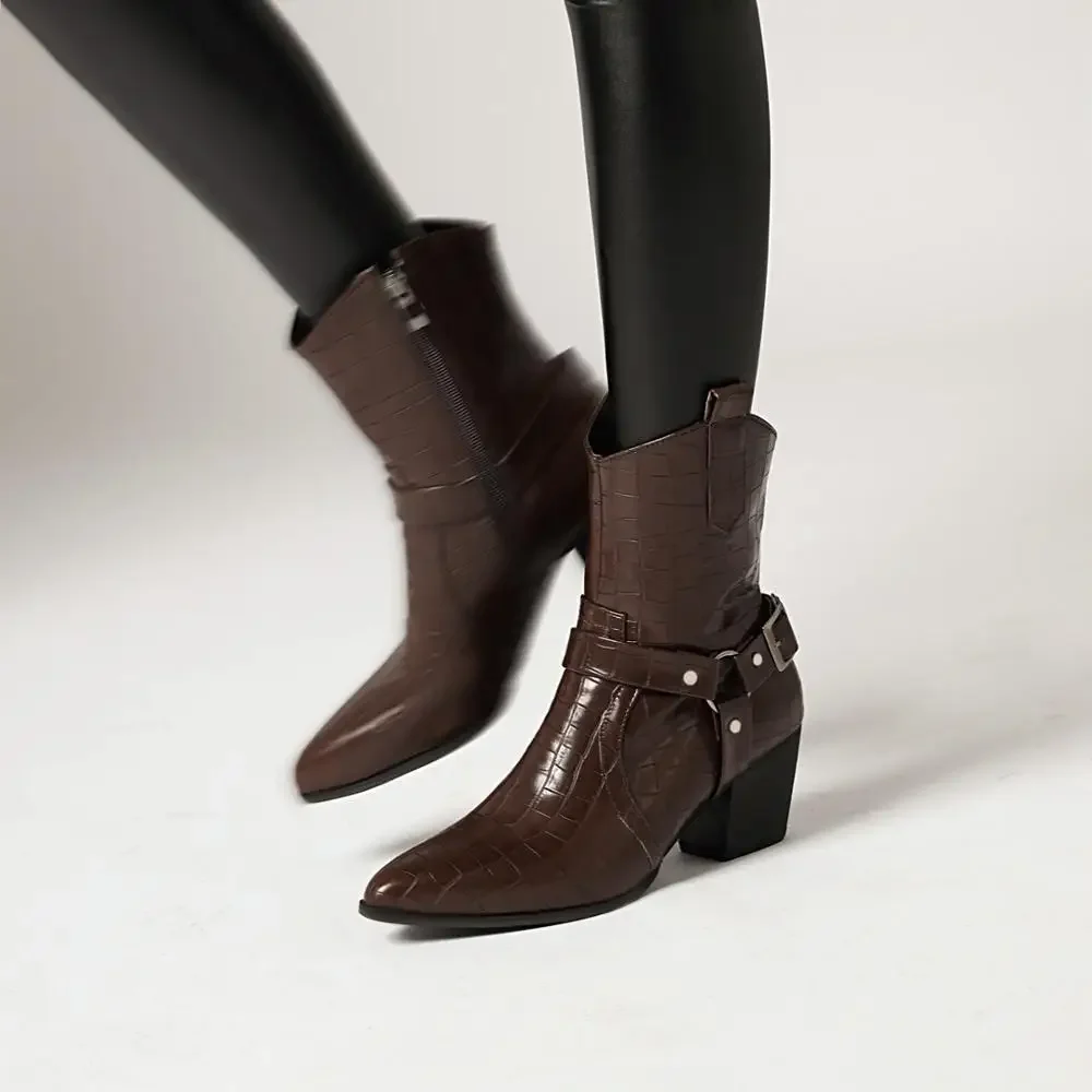 Stone Pattern Triangle Belt Buckle Rivet Mid-Calf Boots V-Shaped Mouth Pointed Thick Heel PU Women's Boots Microfiber Shoes