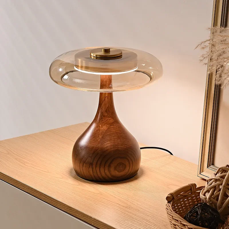 Vintage Solid Wood Bedside Lamp Japanese Style Glass Table Light for Bedroom Study Living Room Decor Creative Nightstand