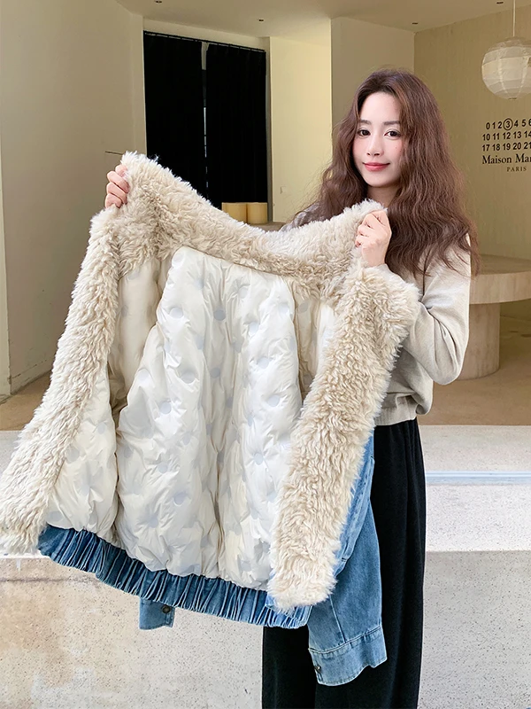 여성용 양털 칼라 데님 다운 재킷 따뜻한 패션 캐주얼 루즈핏 화이트 다운 아우터웨어 코트