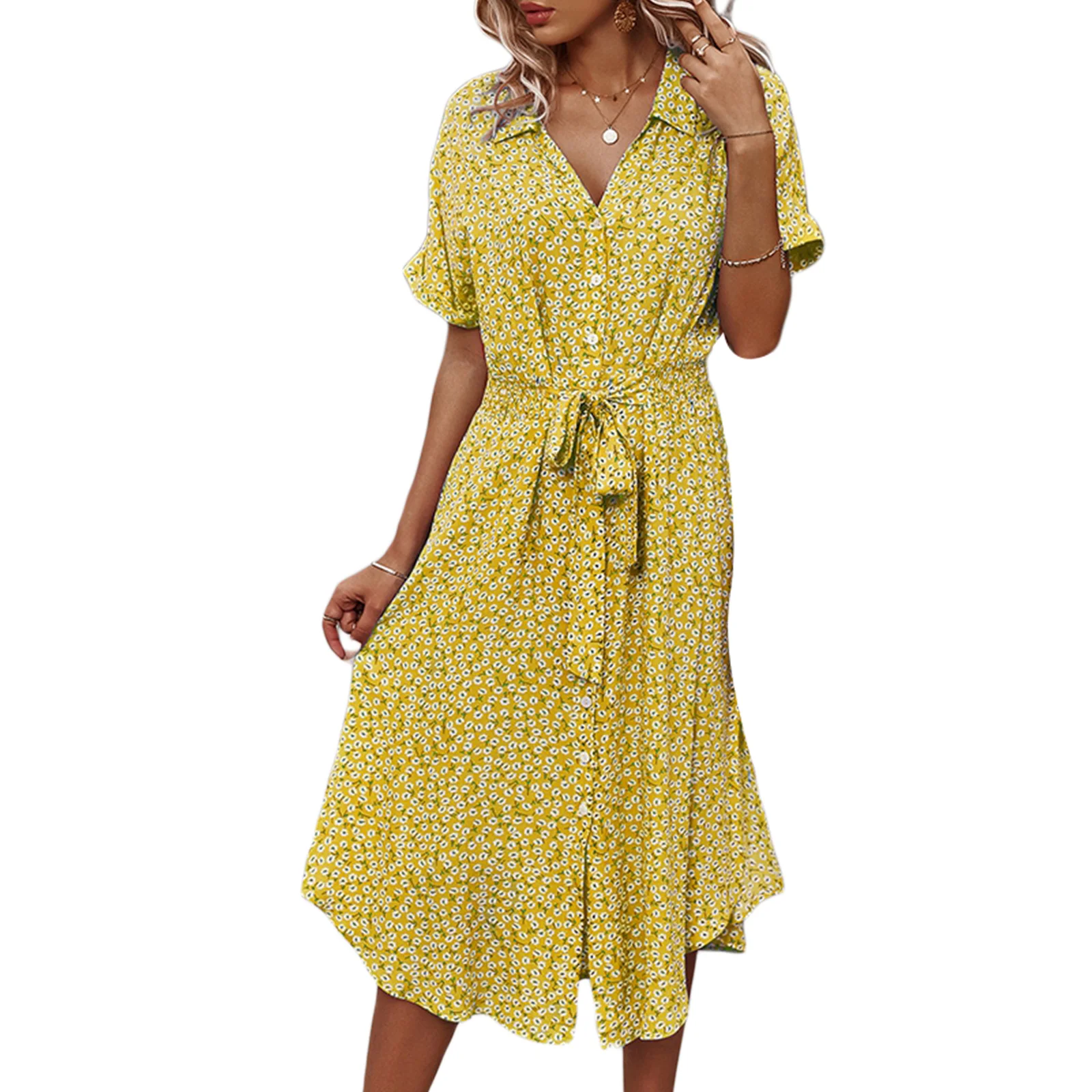 

Women s Summer Button Down Shirt Dress Short Sleeve Floral Print V Neck Belted Ruffle Flowy Boho Midi Dress