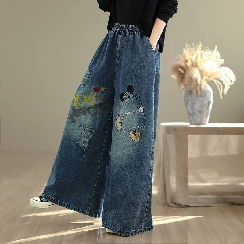 

Women's Fall New Vintage Fun Mickey Embroidered Jeans, High Waist Loose Slimming Straight Wide Leg Denim Pants штаны оверсаиз