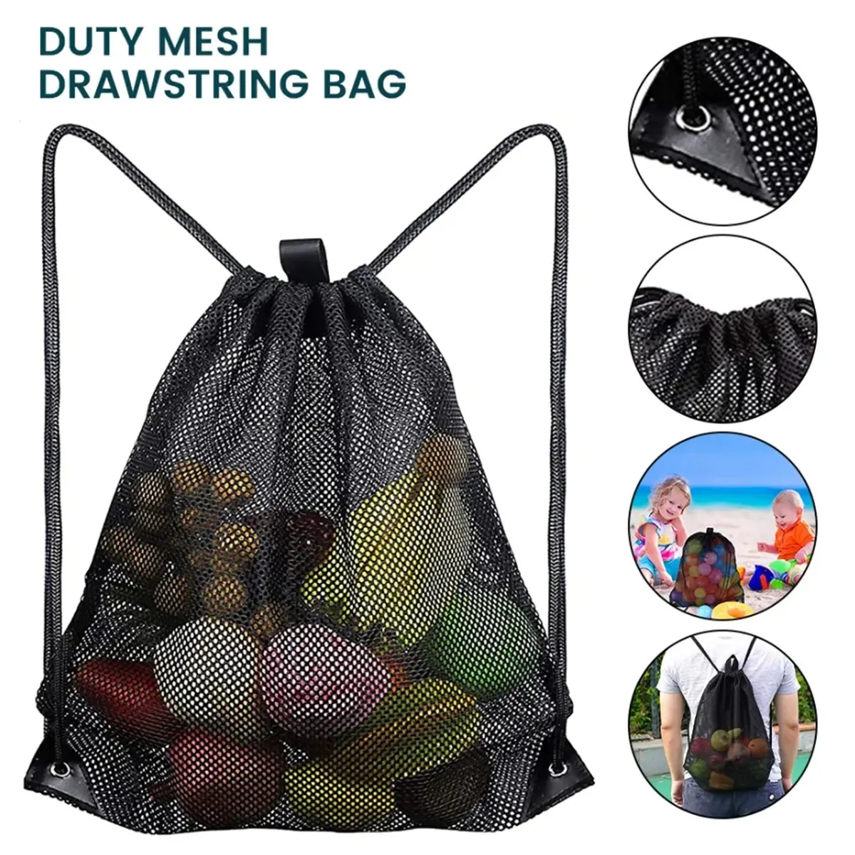 Black Mesh Drawstring Bag with Reinforced Corners, Lightweight Mesh Backpack for Beach Grocery Toy Gym Travel Storage
