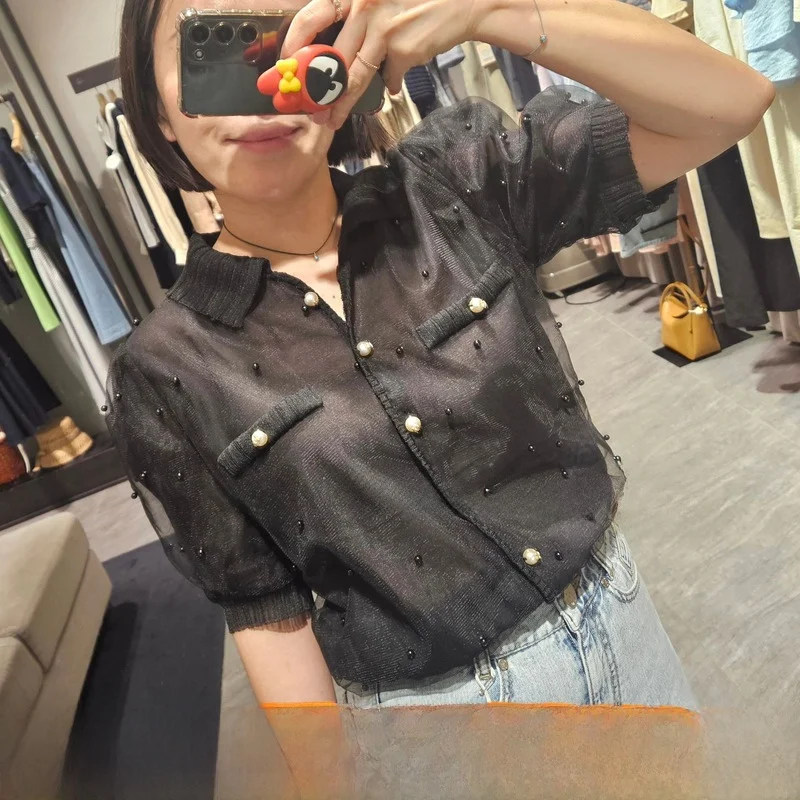 

Slimming Effect ort Sve irt Heavy Embroidery Collar Netting Top Versatile Korean Sle Commute Wind Button Detail