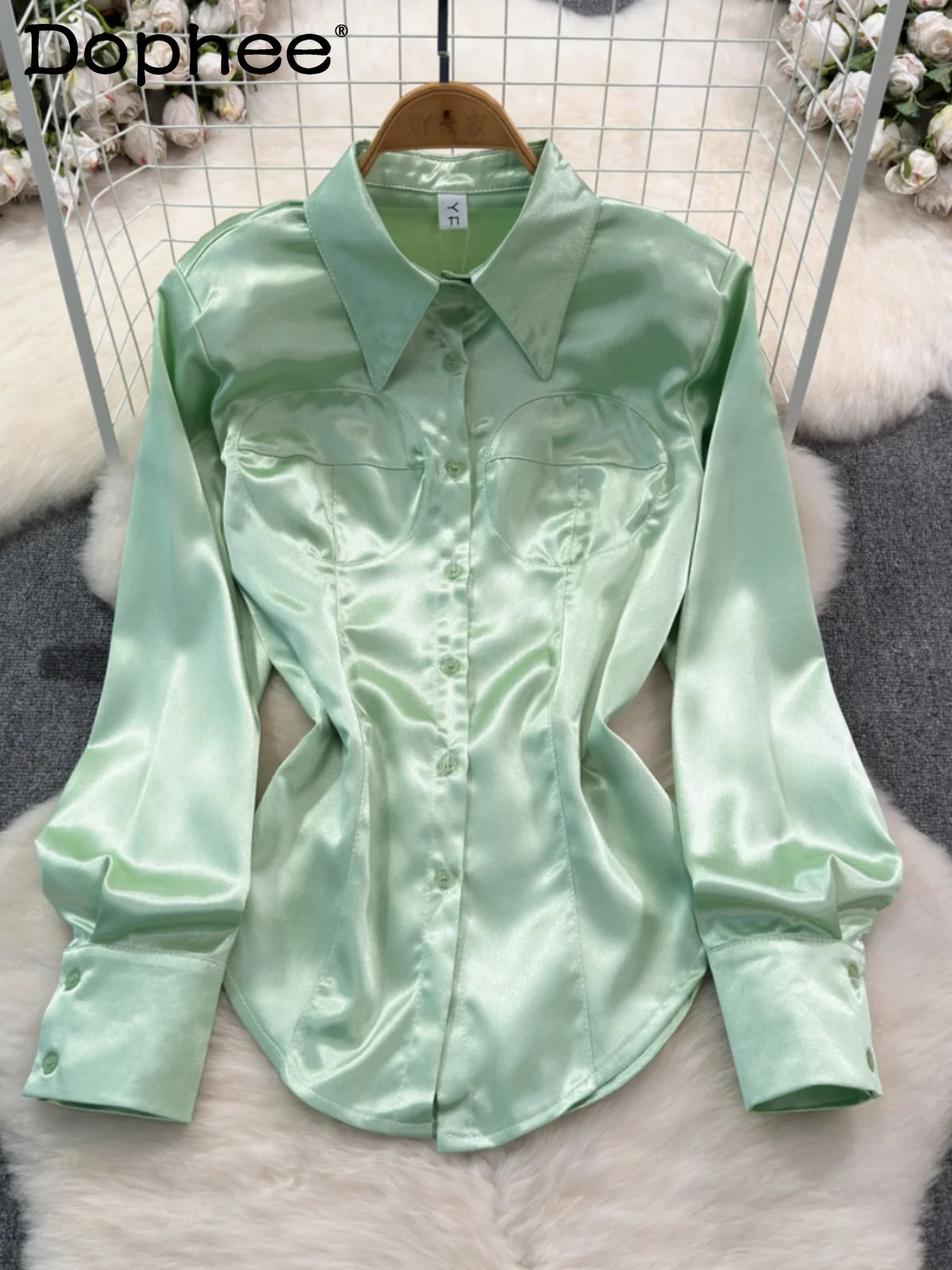 

Commute Style Green Glossy Long-Sleeved Shirt Women Spring and Autumn Hot Girl Sexy Slim Single-Breasted Tops Female Chic Shirt