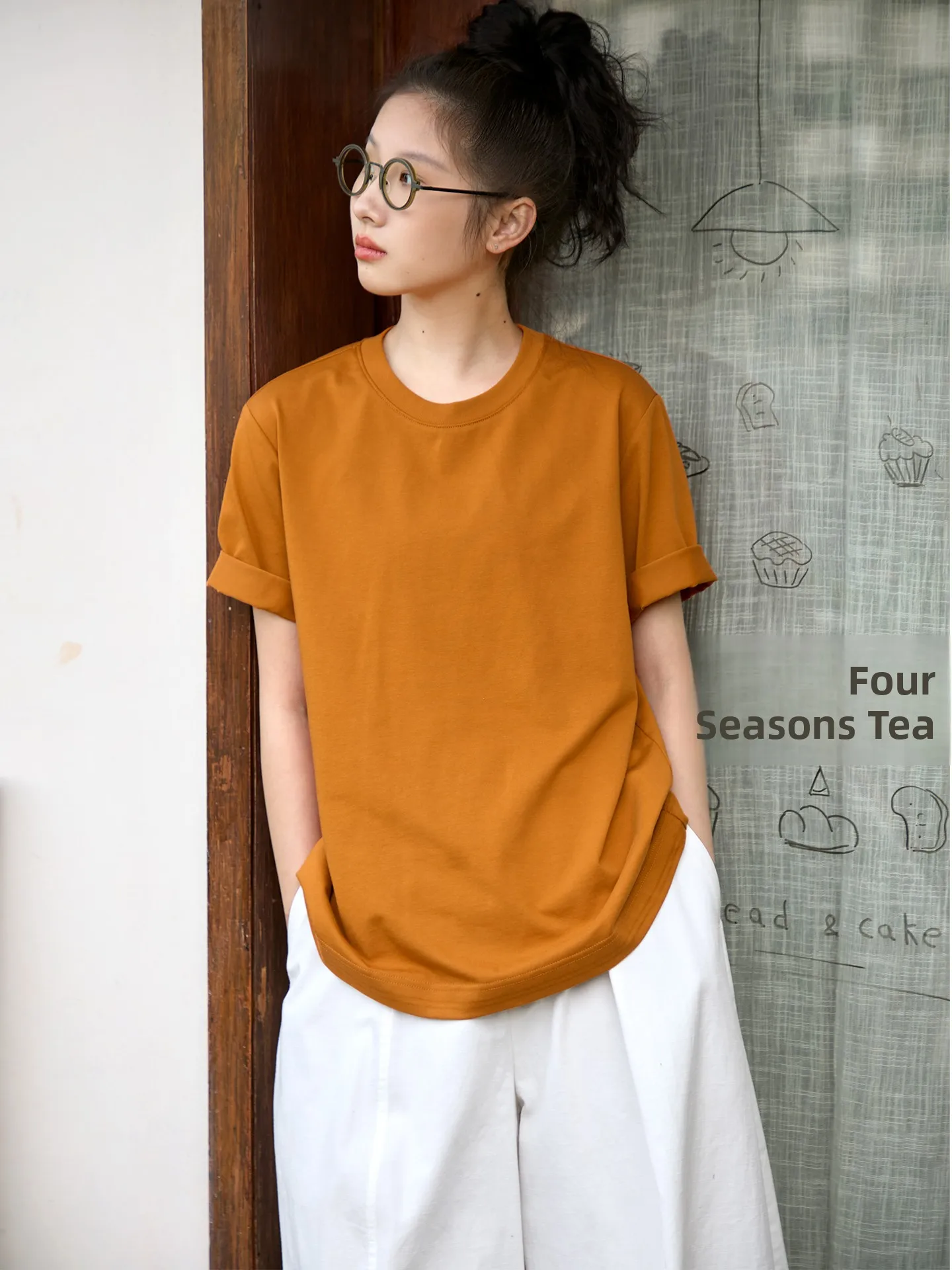 Retro Style Orange round Neck Short Sleeve T-Shirt Women's Loose Cotton Blend Summer Top Versatile  Color Casual Wear