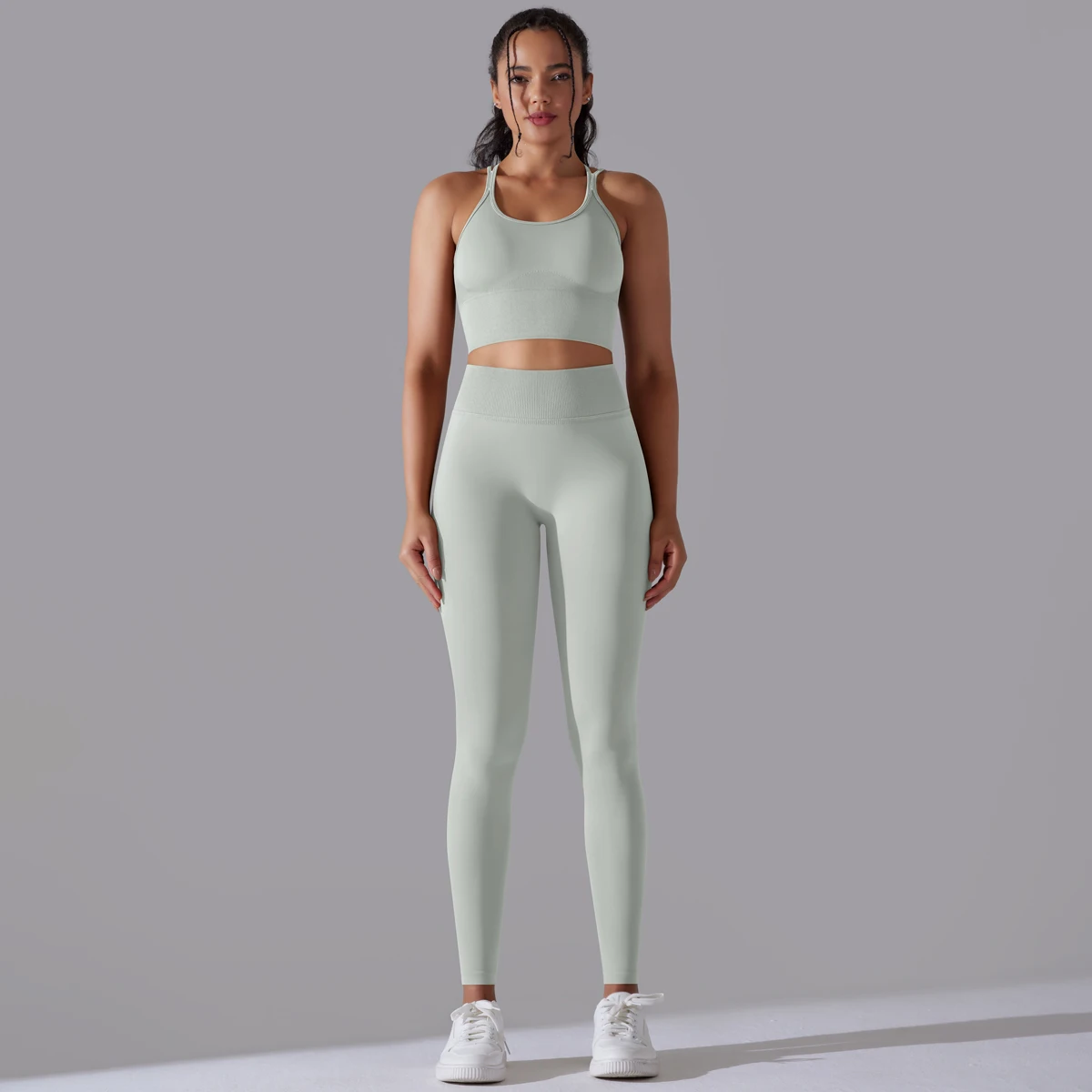 Gebürstetes Yoga-Set für Damen, 2-teilig, Workout, Sportbekleidung, überkreuzter Rücken, Sport-BH, hohe Taille, Leggings, Fitnessstudio, Kleidung, Sportanzüge – Detail 32