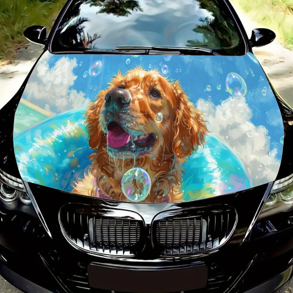 

Golden Retriever Wearing Swimming Ring Car Hood Wrap Color Vinyl Sticker Truck Graphic Bonnet Auto Accessories Decor Decal Gift