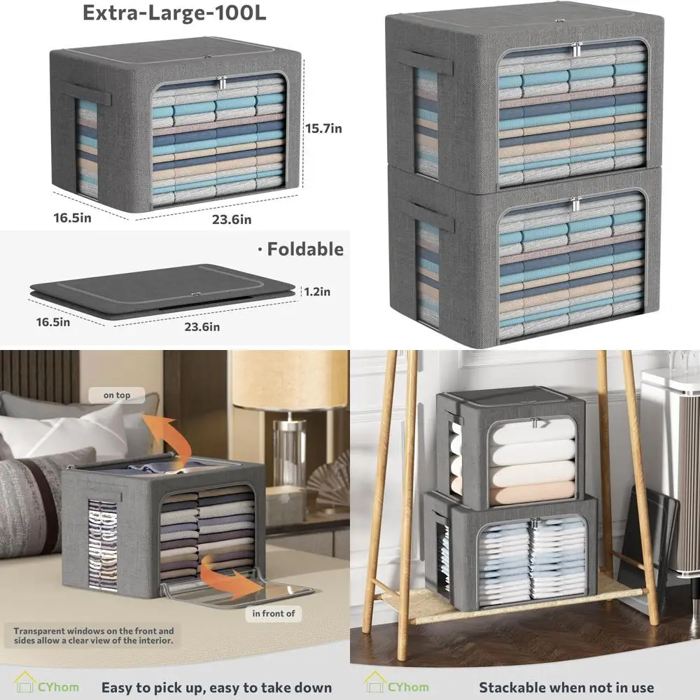 

Extra Large Linen Fabric Collapsible Stackable Storage Bins with Clear View and Handles, 100L