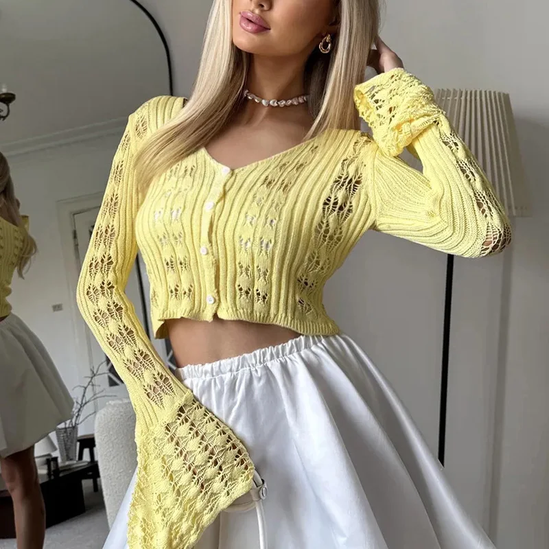 

Ticketsx Women's V Neck Knit Top Fashion Crochet Hollow Out Long Sleeve Buttons Short Cardigan Tops Vintage Female Vacation Top