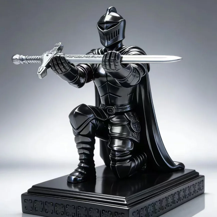 Vintage Warrior Resin Sculpture Pen Stand Kneeling Medieval Knight Figurine Desktop Storage Holder Office Home Table Decoration