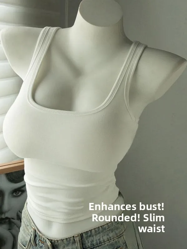 Women's Sporty  Strap Vest Integrated Design with Chest Pad Exterior Wear Inner Match Workwear Style Slim Fit Pure Color