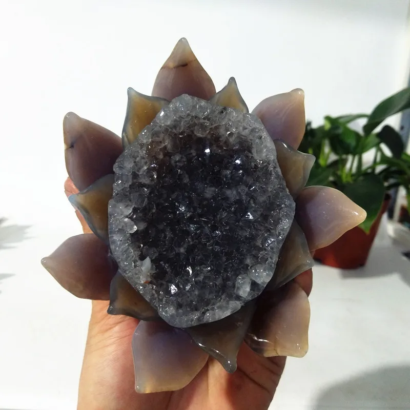 

Natural Stone Agate Druzy Geode Crystal Lotus Cluster Cave Gemstones Spiritual Meditation Exorcism Feng Shui Home Room Decor