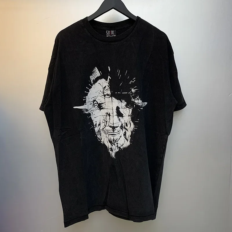 Ox Head Lion Face Printing SAINT T-shirt Men Woman High Quality Chaopai Vintage Casual Loose Wash Black Tops Tee