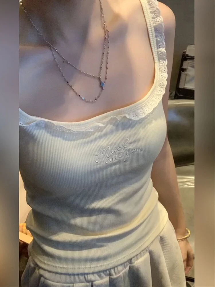 Women's Lace Trim Camisole Tank Top Inner Wear Outer Wear Integrated Design with Chest Pad Beautiful Back One-Piece Shirt