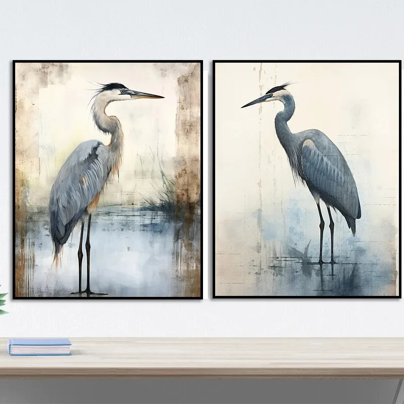 Retro Blue Heron Watercolor  Posters, Style Minimalist Marsh Bird Art Canvas Painting Wall Prints Pictures Room Home Decor Unfra