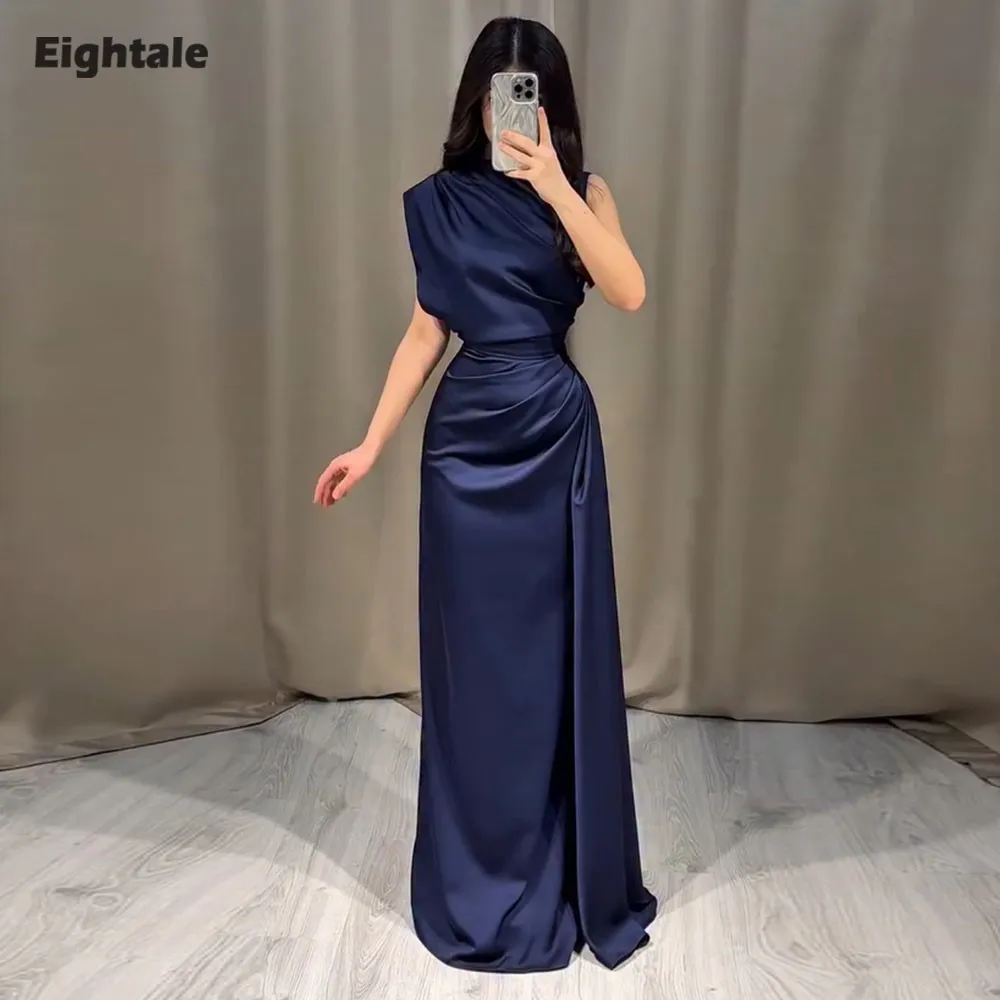 

Eightale Navy Blue Evening Dress O-Neck Customized Floor Length Satin Prom Wedding Party Gown Vestidos De Gala