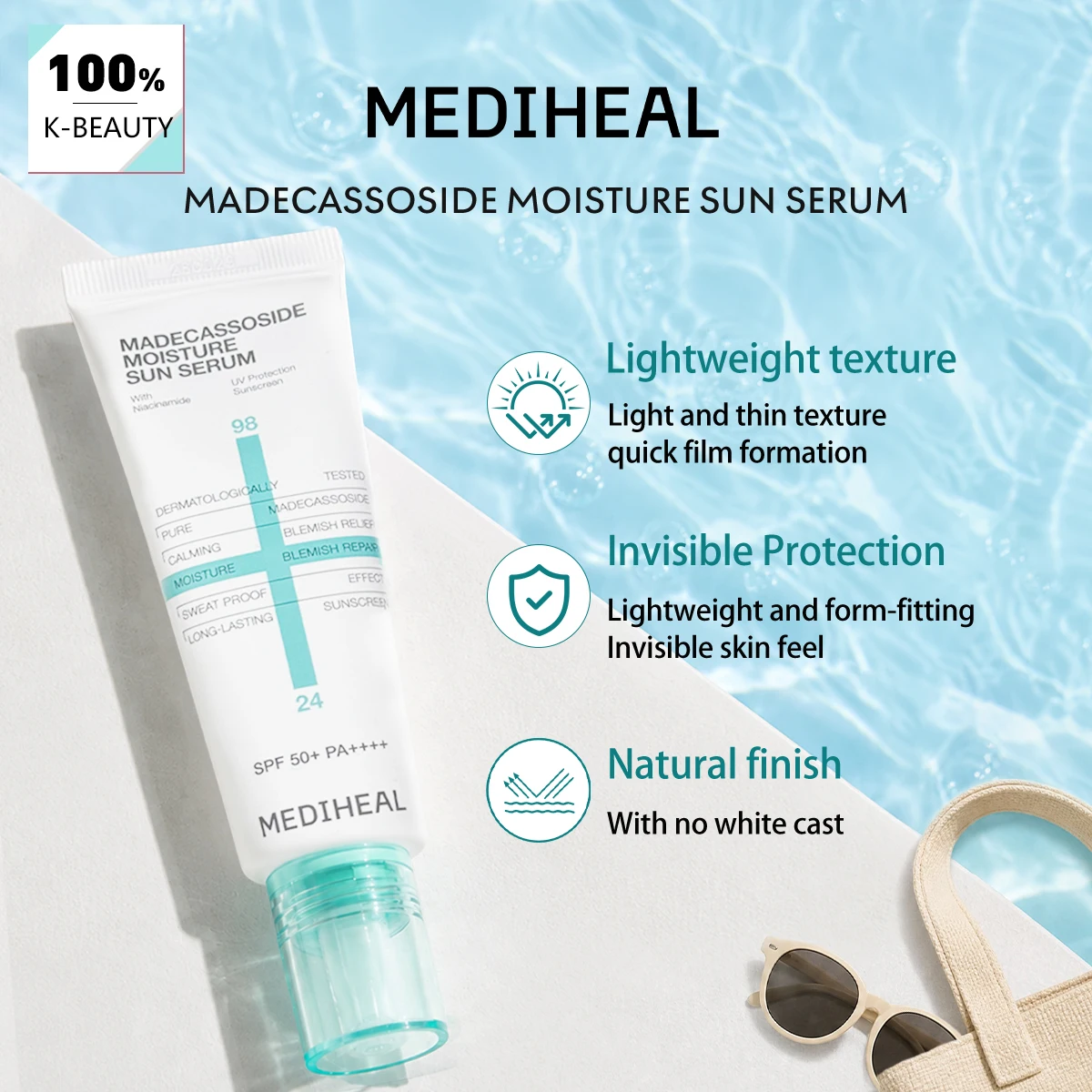 MEDIHEAL MADECASSOSIDE MOISTURE SUN SERUM 50g/1.76 oz,Non-Sticky,Lightweight Serum,Fast Absorbing,Korean Skincare,Korean Makeup