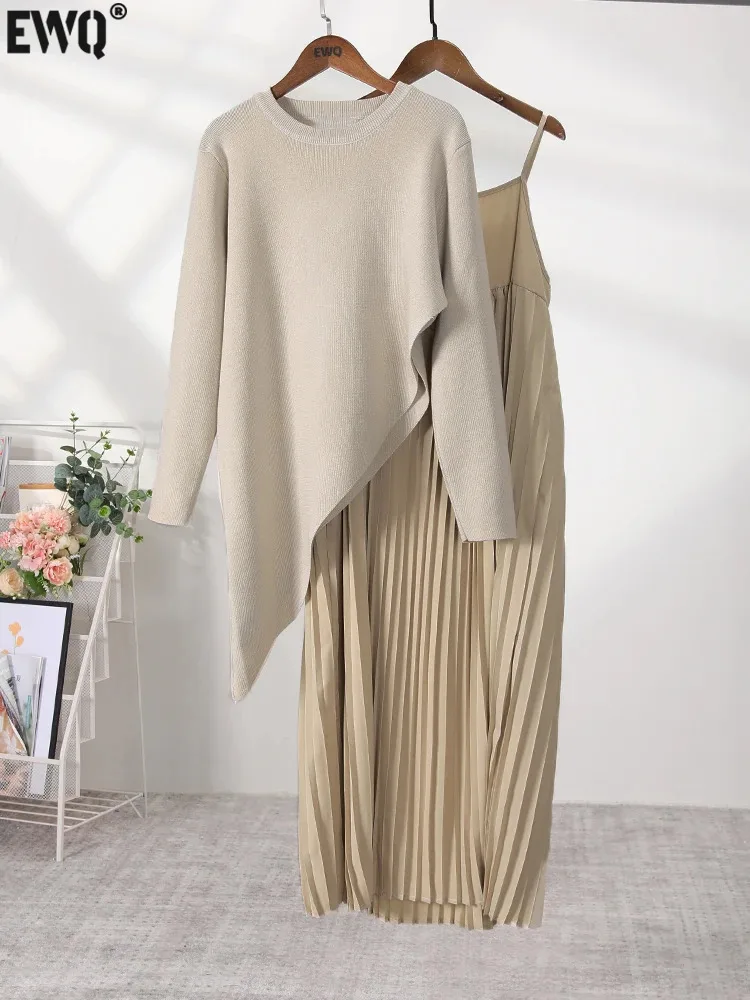 [EWQ] O Neck Long Sleeve Irregular Sweater+ Pleated Women Clothes Sling Dress Winter 2024 Autumn Beautiful 2 Piece Set 16U6067