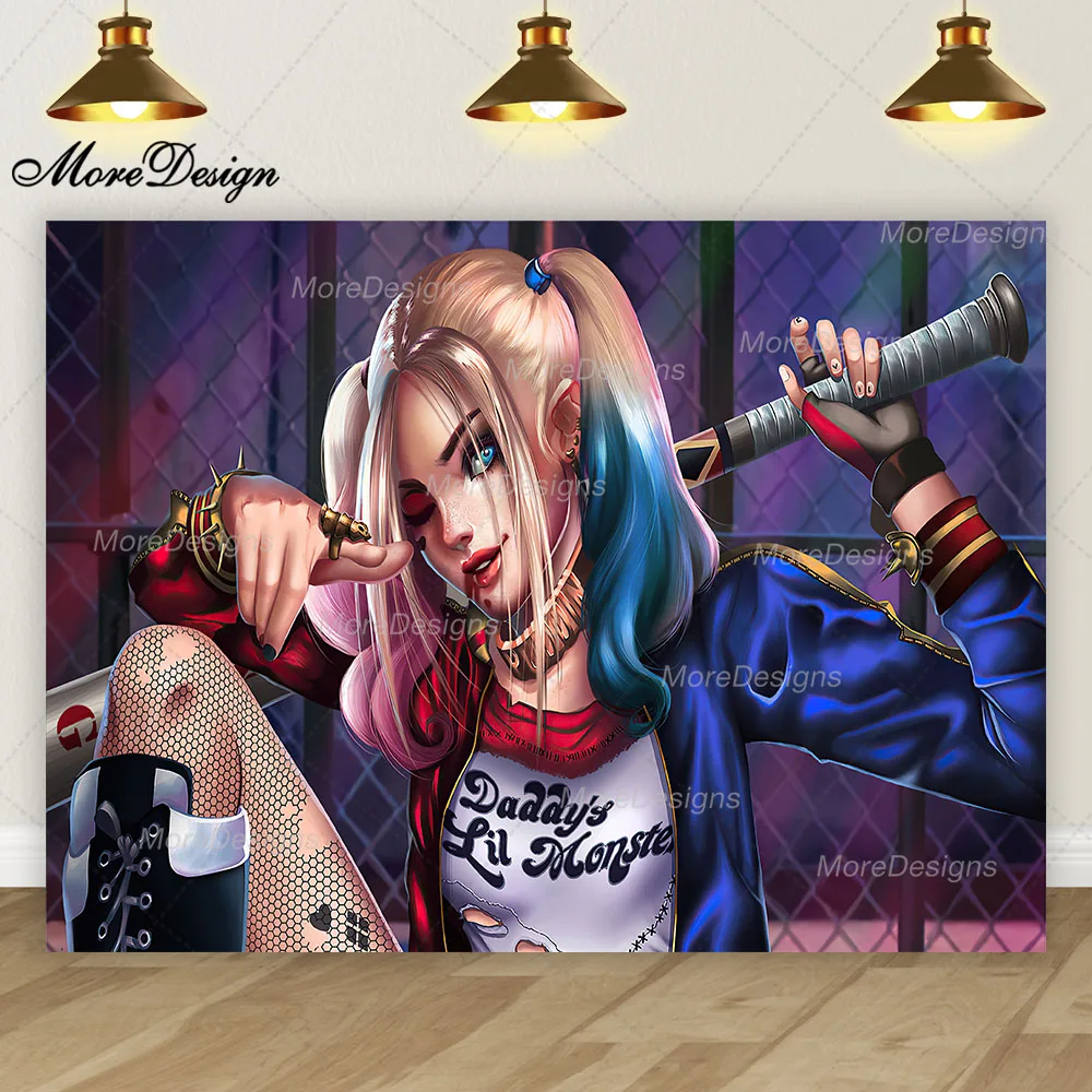 Harley Quinn Photo Backdrop Girls Birthday Party Suicide Squad Moive Banner Vinyl Polyester Fabric Photography Background